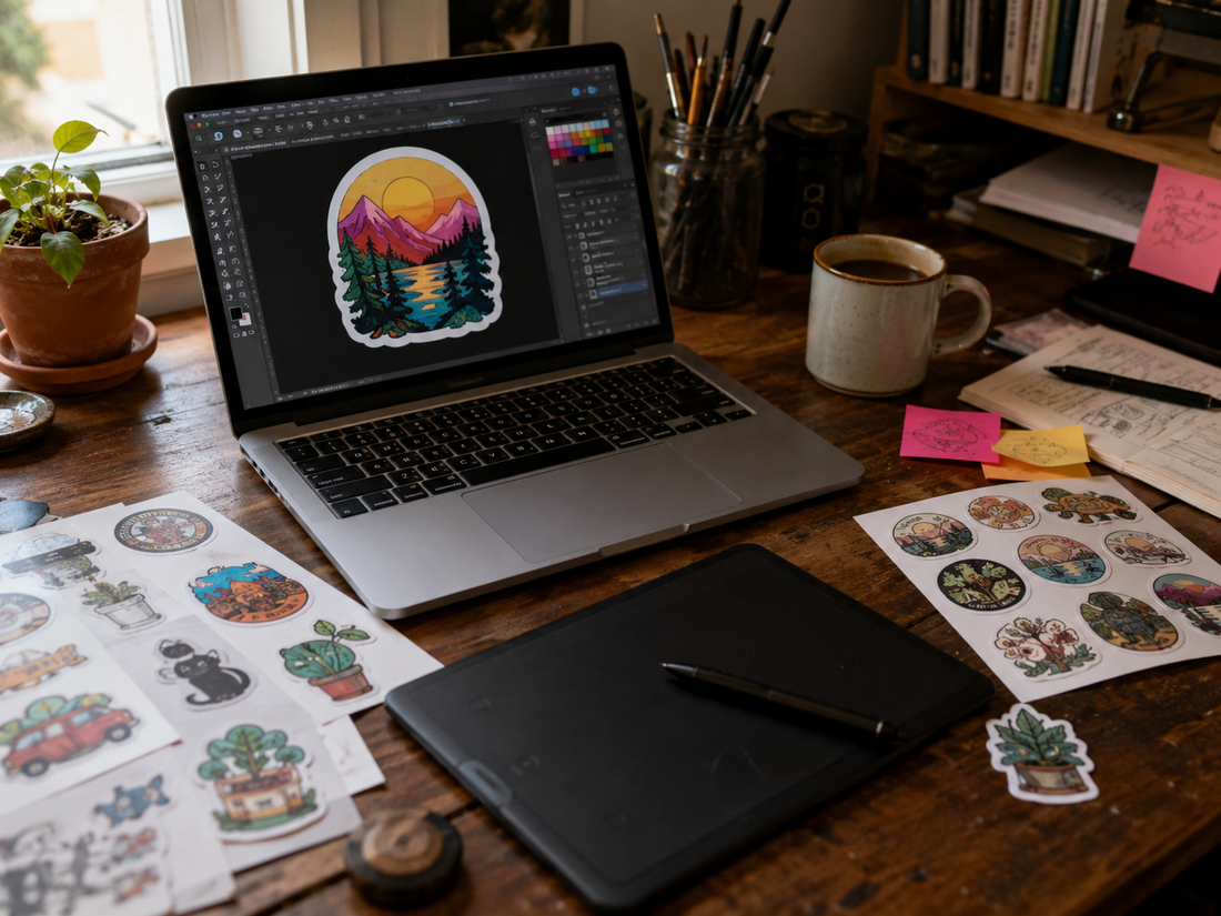 Graphic designer workspace with sticker designs open in Illustrator and printed sticker sheets on desk