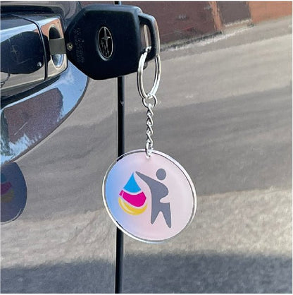 Acrylic keychains, custom printed full color clear acrylic and custom cut to shape. Comes fully assemble with rings and hooks